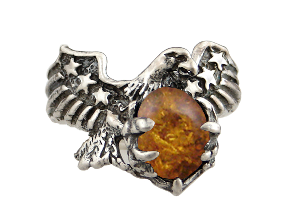 Sterling Silver American Eagle Ring With Amber Size 9